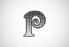 Letter P logo in halftone dots style, Dotted shape logotype vector design.