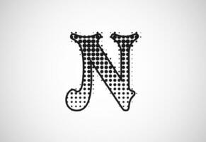 Letter N logo in halftone dots style, Dotted shape logotype vector design.