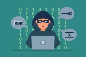 hacker o ciber delincuente con ordenador portátil robando usuario personal datos. Internet suplantación de identidad concepto vector ilustración.