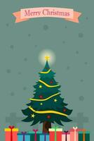 Merry Christmas background with Christmas tree, gift, and snow. Vertical vector illustration.