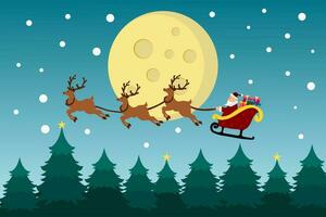 Merry Christmas background with Santa Claus flying on the sky in sleigh with reindeer at night with full moon, snow, and Christmas trees. vector illustration.