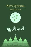 Merry Christmas and happy new year simple background with Santa Claus flying on the sky in sleigh with reindeer at night with full moon, snow, and Christmas trees. Vertical vector illustration.