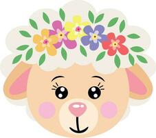 linda oveja cara con guirnalda floral en cabeza vector