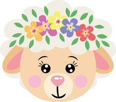 Cute sheep face with wreath floral on head vector