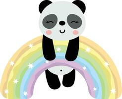 Cute panda hanging on magic rainbow vector