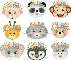 Set of cute animals face with wreath floral on head vector