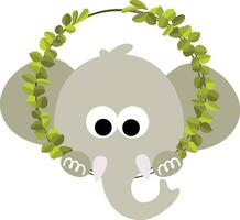 Friendly elephant peeking out of round leaves frame vector