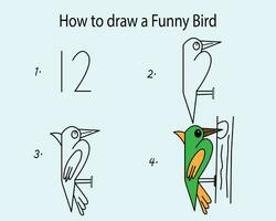 Step by step to draw a Woodpecker bird. Drawing tutorial a Woodpecker bird. Drawing lesson for children. Vector illustration