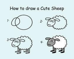 Step by step to draw a Cute Sheep. Drawing tutorial a Cute Sheep. Drawing lesson for children. Vector illustration