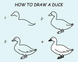 paso por paso a dibujar un pato. dibujo tutorial un pato. dibujo lección para niños. vector ilustración