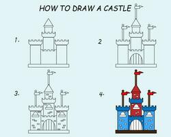 paso por paso a dibujar un castillo. dibujo tutorial un castillo. dibujo lección para niños. vector ilustración