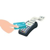 Credit card processing service. Hands close up accept contactless payments using terminal machine. Vector flat style cartoon illustration