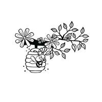 Bee waving joyfully from the hive on a branch, vector illustration