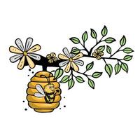 Bee waving joyfully from the hive on a branch, vector illustration