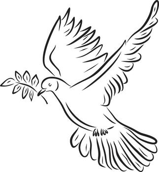 Vector monochrome flying dove with an olive branch in its beak. The bird of hope.