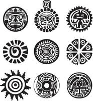 Vector monochrome set of Native American Indian national symbols. Ethnic round ornaments of the peoples of America, Aztec, Maya, Incas, Peru, Brazil, Mexico, Honduras, Guatemala.