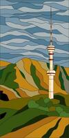 Vector template for stained glass window TV tower Kok tobe. Kazakhstan, Almaty, mountains.