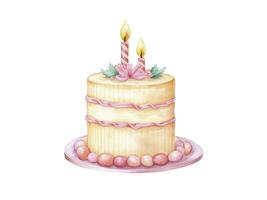 Ai generated beautiful graceful watercolor birthday cake with burning candles, make a wish for your holiday, isolated on white background. photo