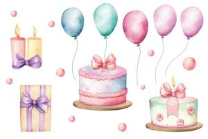 Ai generated watercolor birthday set, balloons, fires, bows and cakes, blowing out candles, isolated. photo
