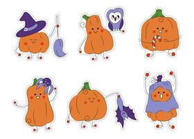 Set of 6 cute characters Halloween pumpkins with different emotions. Color flat vector illustration.