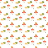 Seamless pattern with sun, rain and clouds. Black and white and color flat vector illustration.