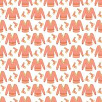 Seamless pattern with warm winter sweaters and socks in pink. Vector flat color illustration.