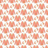 Seamless pattern with warm winter sweaters and socks in pink. Vector flat color illustration.