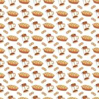 Seamless pattern with a french press, cookies and apple pie. Vector flat illustration suitable for wrapping paper.