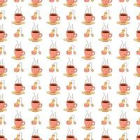Seamless pattern with a cup of hot tea and a tea bag. Vector flat illustration suitable for wrapping paper.