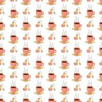 Seamless pattern with a cup of hot tea and a tea bag. Vector flat illustration suitable for wrapping paper.