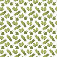 Seamless pattern with warm winter mittens, scarves and hats in green. Vector flat color illustration.