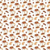 Seamless pattern with a french press, cookies, candies and croissant. Vector flat illustration suitable for wrapping paper.