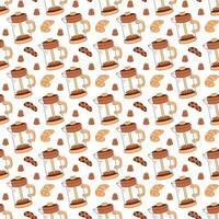 Seamless pattern with a french press, cookies, candies and croissant. Vector flat illustration suitable for wrapping paper.