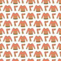 Seamless pattern with warm winter sweaters and socks with zigzag. Vector flat color illustration.