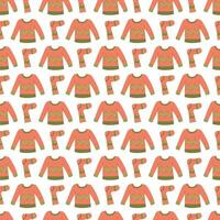 Seamless pattern with warm winter sweaters and socks with zigzag. Vector flat color illustration.