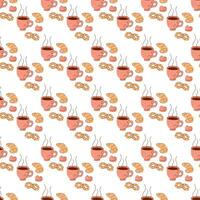 Seamless pattern with a cup of hot tea, cookies and candies. Vector flat illustration suitable for wrapping paper.