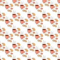 Seamless pattern with a cup of hot tea, cookies and candies. Vector flat illustration suitable for wrapping paper.