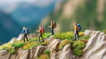 Miniature tourist in mountains. Toy man travels and hikes. Diorama Rest and vacation. Small characters in nature created with Generative AI Technology photo