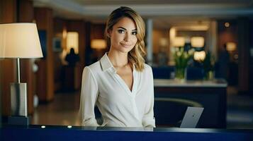 bonito mujer en pie detrás el recepción escritorio a respetable hotel. casa de huespedes negocio y recepción de huéspedes. ai generado foto