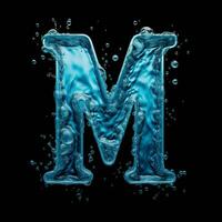 Letter M made of water. Font with splashes and drops of blue liquid. Typographic symbol with jet and splash. Marine concept of freshness, fluidity and the sea. AI Generated photo