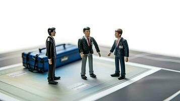 Young businessmen and financial negotiations. Small toy group of people in miniature style. Business team concept created with Generative AI Technology photo