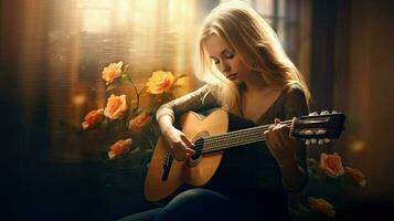 hermosa niña con guitarra. pasatiempo y musical pasatiempo. hembra músico. bonito mujer. ai generado foto