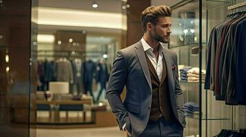 Respectable man in clothing store. Solid, well-dressed man in shopping mall. AI Generated photo