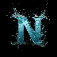 Letter N made of water. Font with splashes and drops of blue liquid. Typographic symbol with jet and splash. Marine concept of freshness, fluidity and the sea. AI Generated photo