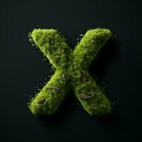 Letter X with moss. Large soft forest font. Green typographic symbol made of leaves. Concept of comfort, nature and ecology. AI Generated photo