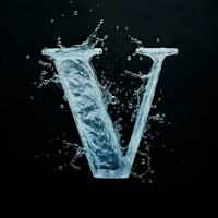 Letter V made of water. Font with splashes and drops of blue liquid. Typographic symbol with jet and splash. Marine concept of freshness, fluidity and the sea. AI Generated photo