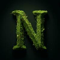 Letter N with moss. Large soft forest font. Green typographic symbol made of leaves. Concept of comfort, nature and ecology. AI Generated photo