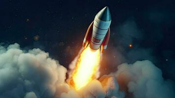 Startup rocket takeoff. 3D rocket launch up. Concept of starting business. Spacecraft with smoke photo