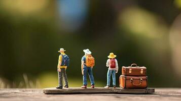 grupo de turistas en naturaleza. miniatura viajeros con mochilas pequeño juguete hombres en caminata. turista concepto de vacaciones y fin de semana creado con generativo ai tecnología foto