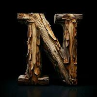 Wooden letter N. Wood font made of sticks, bark and wood. Forest typographic symbol. photo